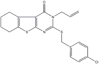 3-allyl-2-[(4-chlorobenzyl)sulfanyl]-5,6,7,8-tetrahydro[1]benzothieno[2,3-d]pyrimidin-4(3H)-one,,结构式