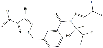 1-[3-({4-bromo-3-nitro-1H-pyrazol-1-yl}methyl)benzoyl]-3,5-bis(difluoromethyl)-4,5-dihydro-1H-pyrazol-5-ol Structure