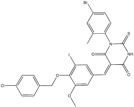 1-(4-bromo-2-methylphenyl)-5-{4-[(4-chlorobenzyl)oxy]-3-iodo-5-methoxybenzylidene}-2-thioxodihydro-4,6(1H,5H)-pyrimidinedione 结构式