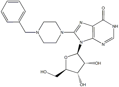 8-(4-benzyl-1-piperazinyl)-9-[3,4-dihydroxy-5-(hydroxymethyl)tetrahydro-2-furanyl]-1,9-dihydro-6H-purin-6-one Structure