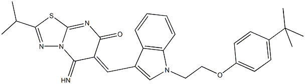 6-({1-[2-(4-tert-butylphenoxy)ethyl]-1H-indol-3-yl}methylene)-5-imino-2-isopropyl-5,6-dihydro-7H-[1,3,4]thiadiazolo[3,2-a]pyrimidin-7-one,,结构式