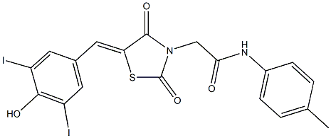 2-[5-(4-hydroxy-3,5-diiodobenzylidene)-2,4-dioxo-1,3-thiazolidin-3-yl]-N-(4-methylphenyl)acetamide 化学構造式