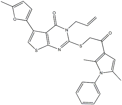 3-allyl-2-{[2-(2,5-dimethyl-1-phenyl-1H-pyrrol-3-yl)-2-oxoethyl]sulfanyl}-5-(5-methyl-2-furyl)thieno[2,3-d]pyrimidin-4(3H)-one,,结构式