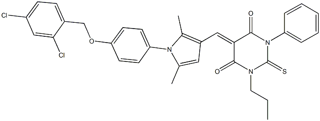 5-[(1-{4-[(2,4-dichlorobenzyl)oxy]phenyl}-2,5-dimethyl-1H-pyrrol-3-yl)methylene]-1-phenyl-3-propyl-2-thioxodihydropyrimidine-4,6(1H,5H)-dione Struktur