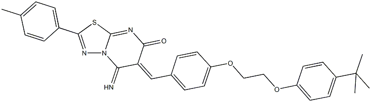 6-{4-[2-(4-tert-butylphenoxy)ethoxy]benzylidene}-5-imino-2-(4-methylphenyl)-5,6-dihydro-7H-[1,3,4]thiadiazolo[3,2-a]pyrimidin-7-one,,结构式