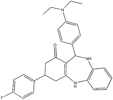 11-[4-(diethylamino)phenyl]-3-(4-fluorophenyl)-2,3,4,5,10,11-hexahydro-1H-dibenzo[b,e][1,4]diazepin-1-one Struktur
