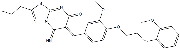 5-imino-6-{3-methoxy-4-[2-(2-methoxyphenoxy)ethoxy]benzylidene}-2-propyl-5,6-dihydro-7H-[1,3,4]thiadiazolo[3,2-a]pyrimidin-7-one Struktur