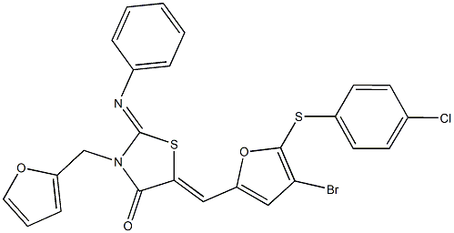 5-({4-bromo-5-[(4-chlorophenyl)sulfanyl]-2-furyl}methylene)-3-(2-furylmethyl)-2-(phenylimino)-1,3-thiazolidin-4-one Structure