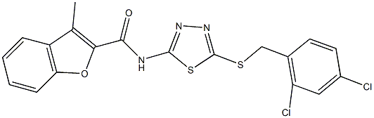 N-{5-[(2,4-dichlorobenzyl)sulfanyl]-1,3,4-thiadiazol-2-yl}-3-methyl-1-benzofuran-2-carboxamide 结构式