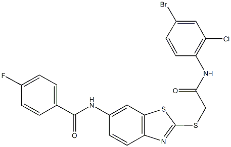 N-(2-{[2-(4-bromo-2-chloroanilino)-2-oxoethyl]sulfanyl}-1,3-benzothiazol-6-yl)-4-fluorobenzamide 结构式