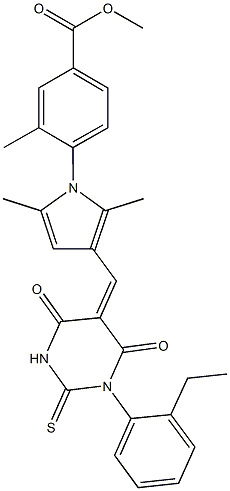 methyl 4-{3-[(1-(2-ethylphenyl)-4,6-dioxo-2-thioxotetrahydro-5(2H)-pyrimidinylidene)methyl]-2,5-dimethyl-1H-pyrrol-1-yl}-3-methylbenzoate 结构式