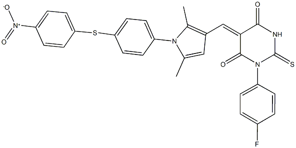1-(4-fluorophenyl)-5-({1-[4-({4-nitrophenyl}sulfanyl)phenyl]-2,5-dimethyl-1H-pyrrol-3-yl}methylene)-2-thioxodihydro-4,6(1H,5H)-pyrimidinedione Struktur