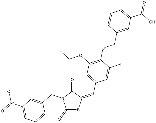 3-({2-ethoxy-4-[(3-{3-nitrobenzyl}-2,4-dioxo-1,3-thiazolidin-5-ylidene)methyl]-6-iodophenoxy}methyl)benzoic acid Structure