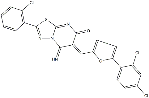 2-(2-chlorophenyl)-6-{[5-(2,4-dichlorophenyl)-2-furyl]methylene}-5-imino-5,6-dihydro-7H-[1,3,4]thiadiazolo[3,2-a]pyrimidin-7-one,,结构式