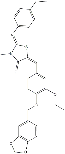 5-[4-(1,3-benzodioxol-5-ylmethoxy)-3-ethoxybenzylidene]-2-[(4-ethylphenyl)imino]-3-methyl-1,3-thiazolidin-4-one,,结构式