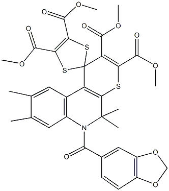 tetramethyl 6-(1,3-benzodioxol-5-ylcarbonyl)-5,5,8,9-tetramethyl-5,6-dihydrospiro(1H-thiopyrano[2,3-c]quinoline-1,2'-[1,3]-dithiole)-2,3,4',5'-tetracarboxylate Structure