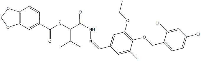 N-{1-[(2-{4-[(2,4-dichlorobenzyl)oxy]-3-ethoxy-5-iodobenzylidene}hydrazino)carbonyl]-2-methylpropyl}-1,3-benzodioxole-5-carboxamide Struktur