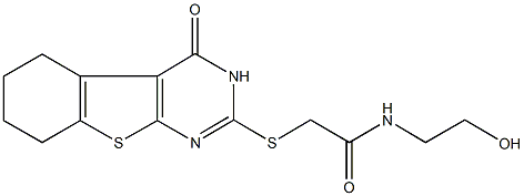 N-(2-hydroxyethyl)-2-[(4-oxo-3,4,5,6,7,8-hexahydro[1]benzothieno[2,3-d]pyrimidin-2-yl)sulfanyl]acetamide,,结构式