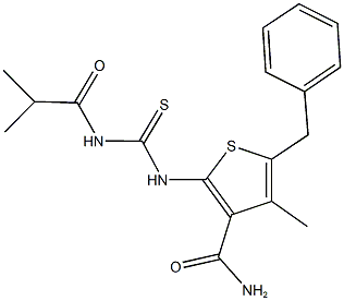 5-benzyl-2-{[(isobutyrylamino)carbothioyl]amino}-4-methyl-3-thiophenecarboxamide,,结构式