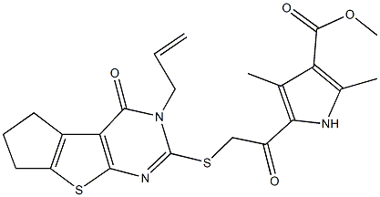 methyl 5-{[(3-allyl-4-oxo-3,5,6,7-tetrahydro-4H-cyclopenta[4,5]thieno[2,3-d]pyrimidin-2-yl)sulfanyl]acetyl}-2,4-dimethyl-1H-pyrrole-3-carboxylate 结构式