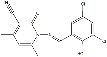 1-[(3,5-dichloro-2-hydroxybenzylidene)amino]-4,6-dimethyl-2-oxo-1,2-dihydropyridine-3-carbonitrile Struktur