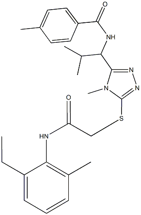 N-[1-(5-{[2-(2-ethyl-6-methylanilino)-2-oxoethyl]sulfanyl}-4-methyl-4H-1,2,4-triazol-3-yl)-2-methylpropyl]-4-methylbenzamide Struktur