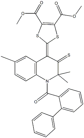 dimethyl 2-(1-([1,1'-biphenyl]-2-ylcarbonyl)-2,2,6-trimethyl-3-thioxo-2,3-dihydro-4(1H)-quinolinylidene)-1,3-dithiole-4,5-dicarboxylate 结构式