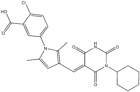 2-chloro-5-{3-[(1-cyclohexyl-2,4,6-trioxotetrahydro-5(2H)-pyrimidinylidene)methyl]-2,5-dimethyl-1H-pyrrol-1-yl}benzoic acid 化学構造式