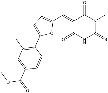 methyl 3-methyl-4-{5-[(1-methyl-4,6-dioxo-2-thioxotetrahydro-5(2H)-pyrimidinylidene)methyl]-2-furyl}benzoate 结构式