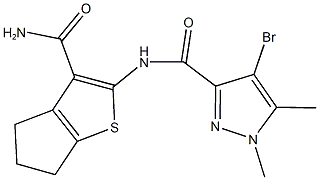 N-[3-(aminocarbonyl)-5,6-dihydro-4H-cyclopenta[b]thien-2-yl]-4-bromo-1,5-dimethyl-1H-pyrazole-3-carboxamide Struktur