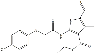 ethyl 5-acetyl-2-({[(4-chlorophenyl)sulfanyl]acetyl}amino)-4-methyl-3-thiophenecarboxylate,,结构式
