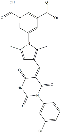 5-{3-[(1-(3-chlorophenyl)-4,6-dioxo-2-thioxotetrahydro-5(2H)-pyrimidinylidene)methyl]-2,5-dimethyl-1H-pyrrol-1-yl}isophthalic acid,,结构式