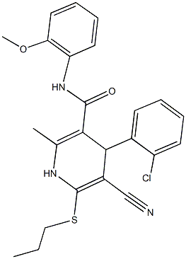 4-(2-chlorophenyl)-5-cyano-N-(2-methoxyphenyl)-2-methyl-6-(propylsulfanyl)-1,4-dihydro-3-pyridinecarboxamide,,结构式