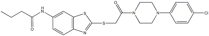 N-[2-({2-[4-(4-chlorophenyl)-1-piperazinyl]-2-oxoethyl}sulfanyl)-1,3-benzothiazol-6-yl]butanamide 化学構造式