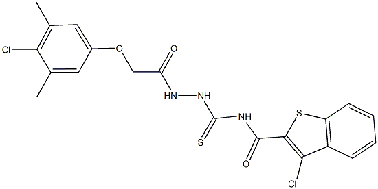 3-chloro-N-({2-[(4-chloro-3,5-dimethylphenoxy)acetyl]hydrazino}carbothioyl)-1-benzothiophene-2-carboxamide,,结构式