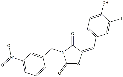 5-(4-hydroxy-3-iodobenzylidene)-3-{3-nitrobenzyl}-1,3-thiazolidine-2,4-dione,,结构式