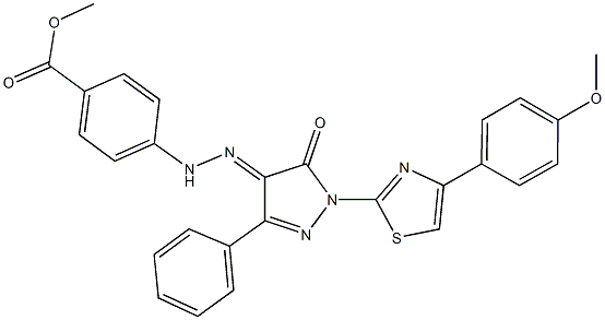 methyl 4-(2-{1-[4-(4-methoxyphenyl)-1,3-thiazol-2-yl]-5-oxo-3-phenyl-1,5-dihydro-4H-pyrazol-4-ylidene}hydrazino)benzoate 化学構造式