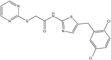 N-[5-(2,5-dichlorobenzyl)-1,3-thiazol-2-yl]-2-(2-pyrimidinylsulfanyl)acetamide 化学構造式