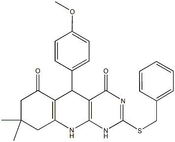 2-(benzylsulfanyl)-5-(4-methoxyphenyl)-8,8-dimethyl-5,8,9,10-tetrahydropyrimido[4,5-b]quinoline-4,6(1H,7H)-dione Struktur