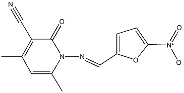 1-[({5-nitro-2-furyl}methylene)amino]-4,6-dimethyl-2-oxo-1,2-dihydro-3-pyridinecarbonitrile Struktur