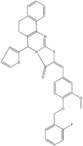 10-{4-[(2-fluorobenzyl)oxy]-3-methoxybenzylidene}-7-(2-thienyl)-5,7-dihydro-6H-benzo[h][1,3]thiazolo[2,3-b]quinazolin-9(10H)-one 结构式