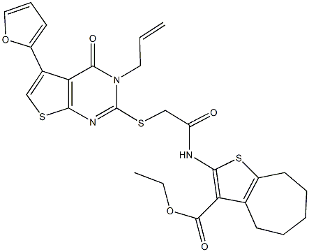 ethyl 2-[({[3-allyl-5-(2-furyl)-4-oxo-3,4-dihydrothieno[2,3-d]pyrimidin-2-yl]sulfanyl}acetyl)amino]-5,6,7,8-tetrahydro-4H-cyclohepta[b]thiophene-3-carboxylate 化学構造式