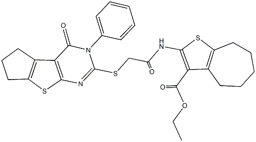 ethyl 2-({[(4-oxo-3-phenyl-3,5,6,7-tetrahydro-4H-cyclopenta[4,5]thieno[2,3-d]pyrimidin-2-yl)sulfanyl]acetyl}amino)-5,6,7,8-tetrahydro-4H-cyclohepta[b]thiophene-3-carboxylate Structure