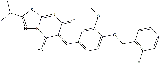 6-{4-[(2-fluorobenzyl)oxy]-3-methoxybenzylidene}-5-imino-2-isopropyl-5,6-dihydro-7H-[1,3,4]thiadiazolo[3,2-a]pyrimidin-7-one,,结构式