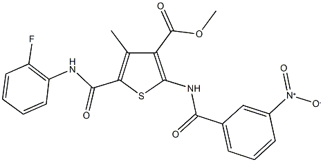 methyl 5-{[(2-fluorophenyl)amino]carbonyl}-2-[({3-nitrophenyl}carbonyl)amino]-4-methylthiophene-3-carboxylate Struktur