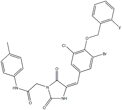 2-(4-{3-bromo-5-chloro-4-[(2-fluorobenzyl)oxy]benzylidene}-2,5-dioxoimidazolidin-1-yl)-N-(4-methylphenyl)acetamide,,结构式