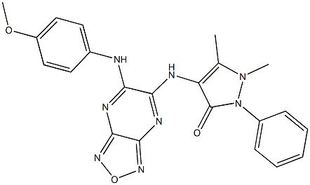 4-{[6-(4-methoxyanilino)[1,2,5]oxadiazolo[3,4-b]pyrazin-5-yl]amino}-1,5-dimethyl-2-phenyl-1,2-dihydro-3H-pyrazol-3-one 化学構造式