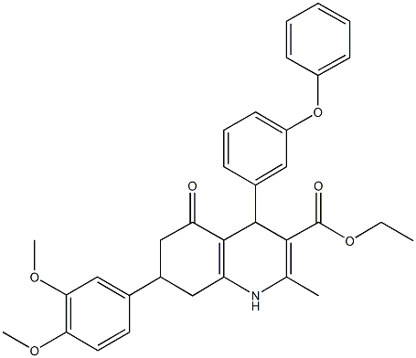 ethyl 7-(3,4-dimethoxyphenyl)-2-methyl-5-oxo-4-(3-phenoxyphenyl)-1,4,5,6,7,8-hexahydro-3-quinolinecarboxylate,,结构式