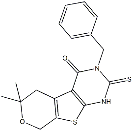 3-benzyl-6,6-dimethyl-2-sulfanyl-3,5,6,8-tetrahydro-4H-pyrano[4',3':4,5]thieno[2,3-d]pyrimidin-4-one Struktur