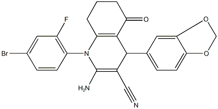 2-amino-4-(1,3-benzodioxol-5-yl)-1-(4-bromo-2-fluorophenyl)-5-oxo-1,4,5,6,7,8-hexahydro-3-quinolinecarbonitrile Structure